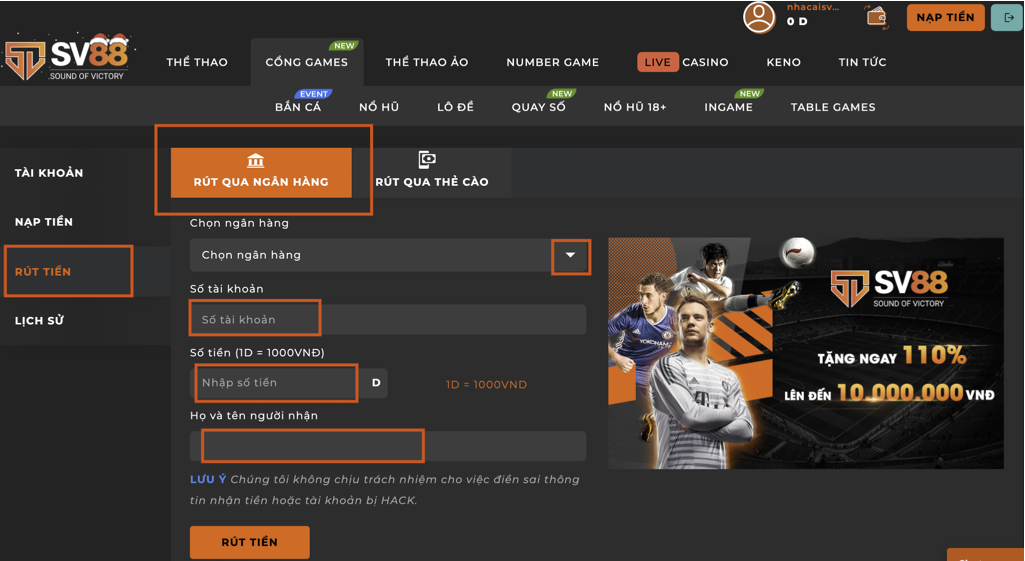 Rút tiền SV88 qua tài khoản ngân hàng