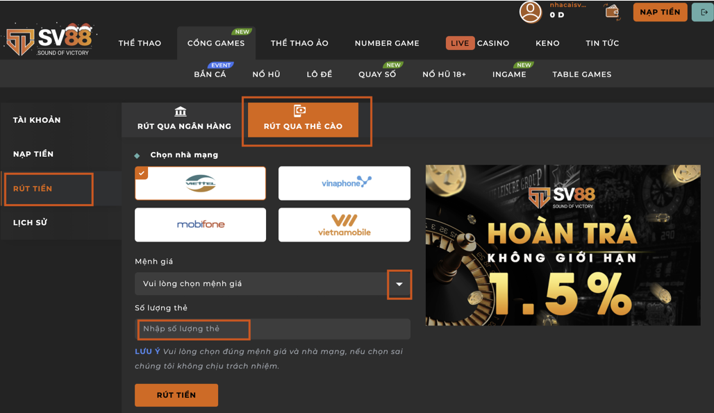 Hướng Dẫn Rút Tiền tại SV88